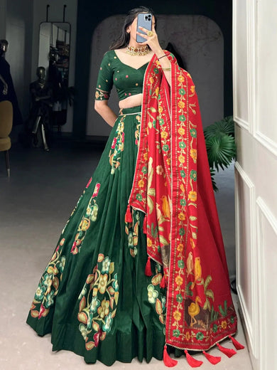 Great Green Foil Work Tussar Silk Mehendi Wear Lehenga Choli - Ethnic Plus In